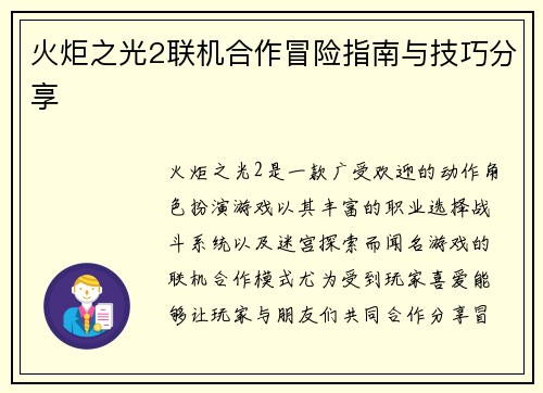 火炬之光2联机合作冒险指南与技巧分享